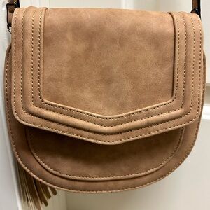 Purse, tan, 8”x8”, long strap